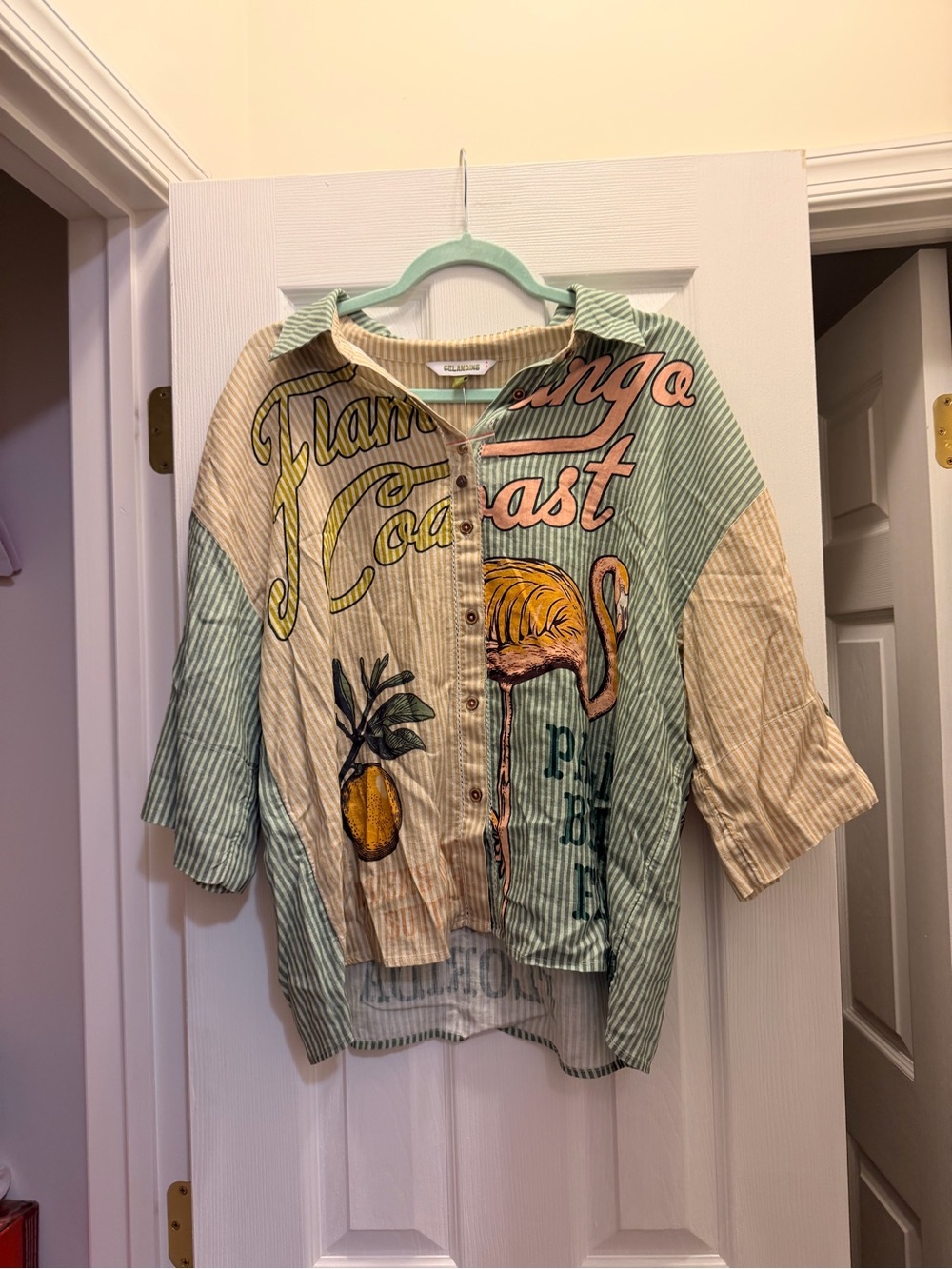 Button-Front Flamingo Coast Stripe Shirt - Mint & Cream